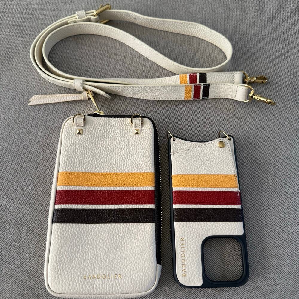 Bandolier iPhone 15 Pro Crossbody Phone Case Wallet White Leather Strap Set